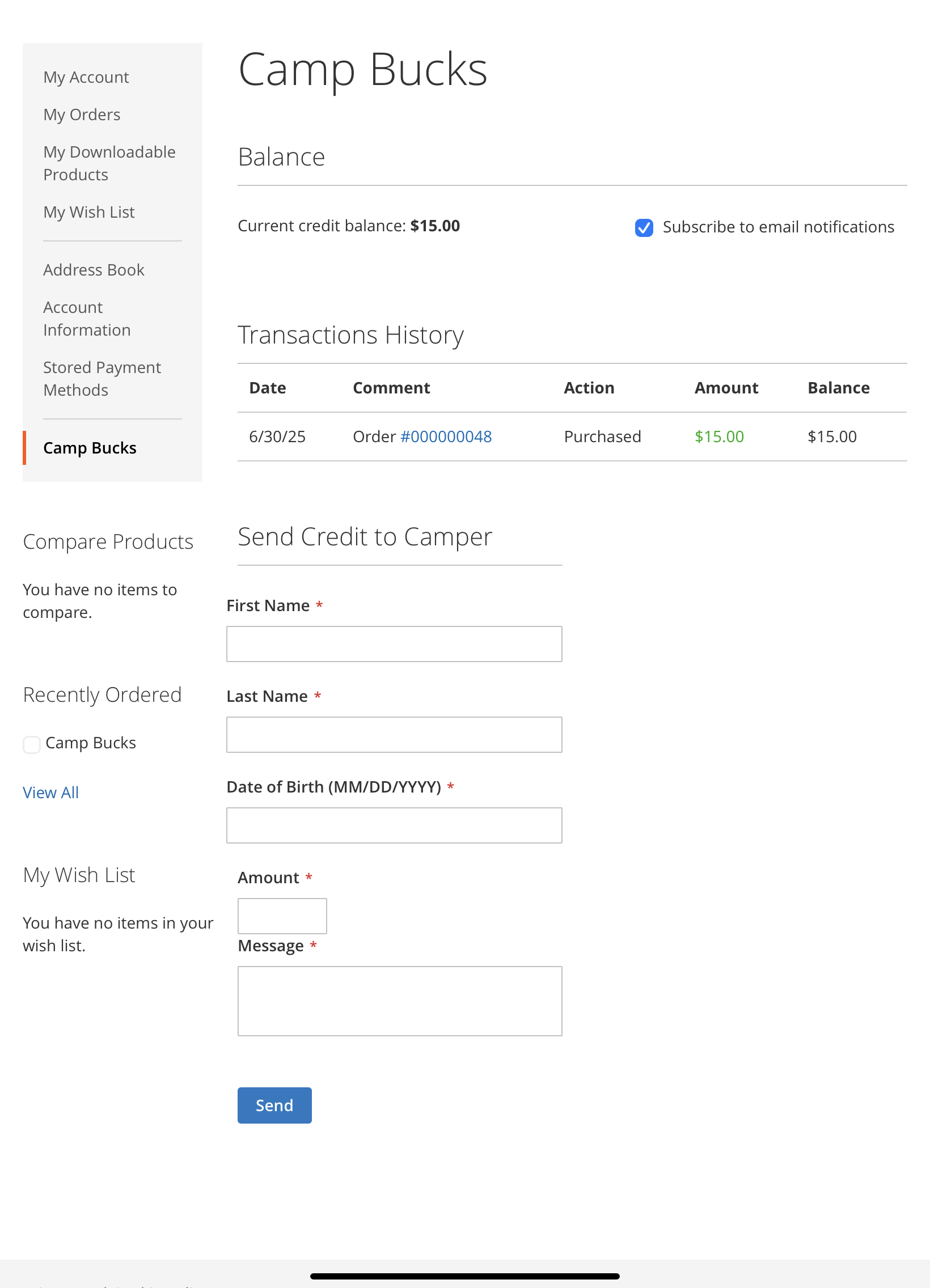 CampHQ Send Camp Bucks Interface